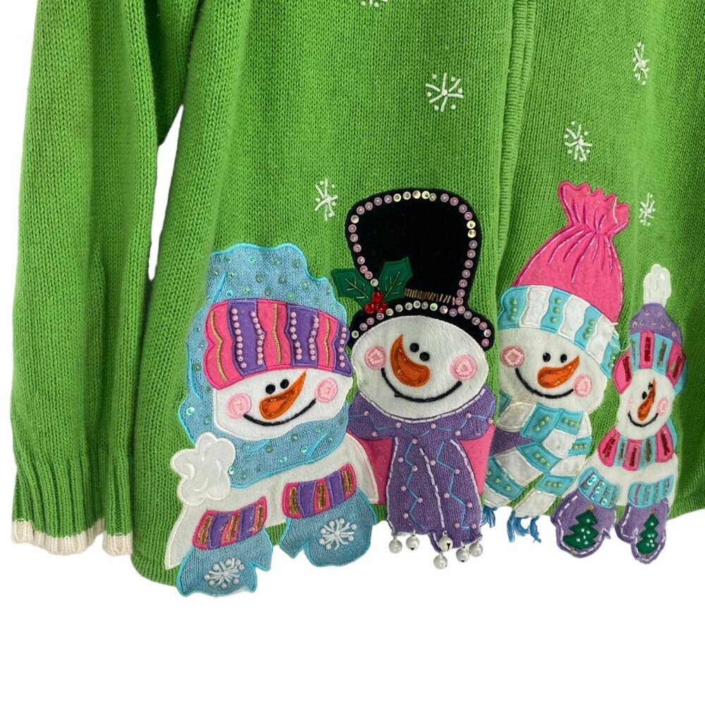 Tiara International Xmas Sweater 26/28 Green Zip Front Snowmen Cozy Holiday Wear - Picture 2 of 13